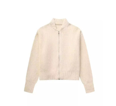 Damen moderne Strickjacke mit voluminösen Ärmeln und Reißverschluss Drune