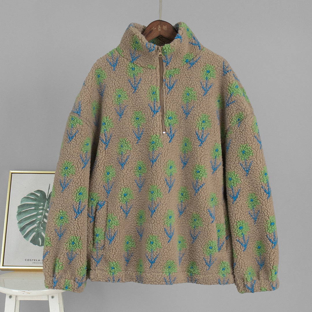 Damen Fleece-Pullover mit floralem Muster und hohem Kragen Drune