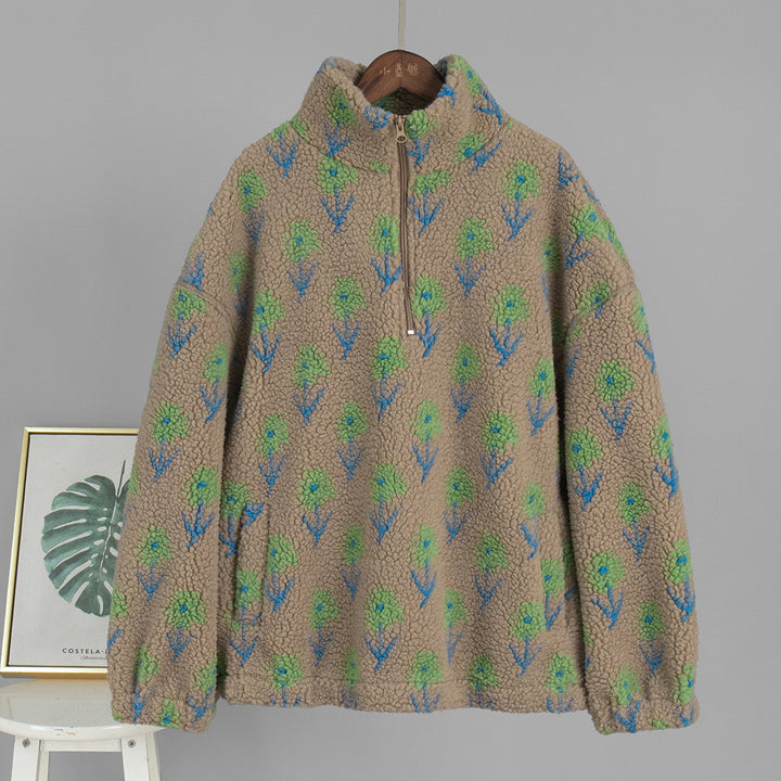 Damen Fleece-Pullover mit floralem Muster und hohem Kragen Drune