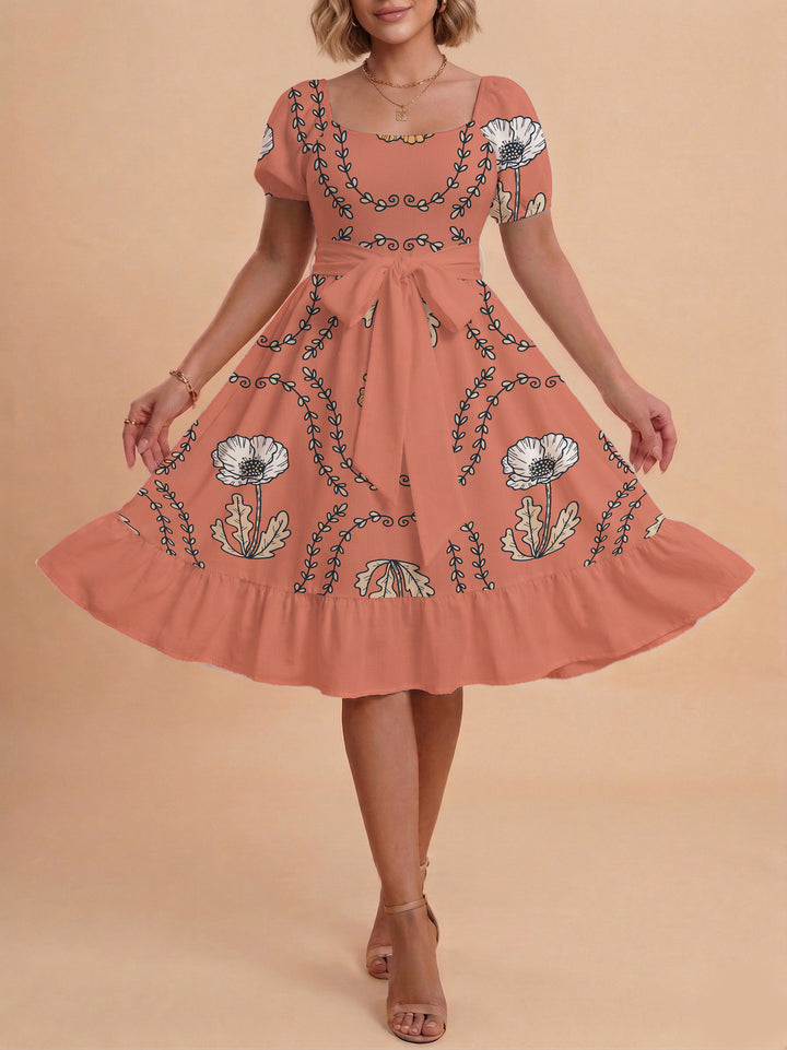 Damen modernes Blumenkleid mit elegantem Taillengürtel und asymmetrischem Saum Drune