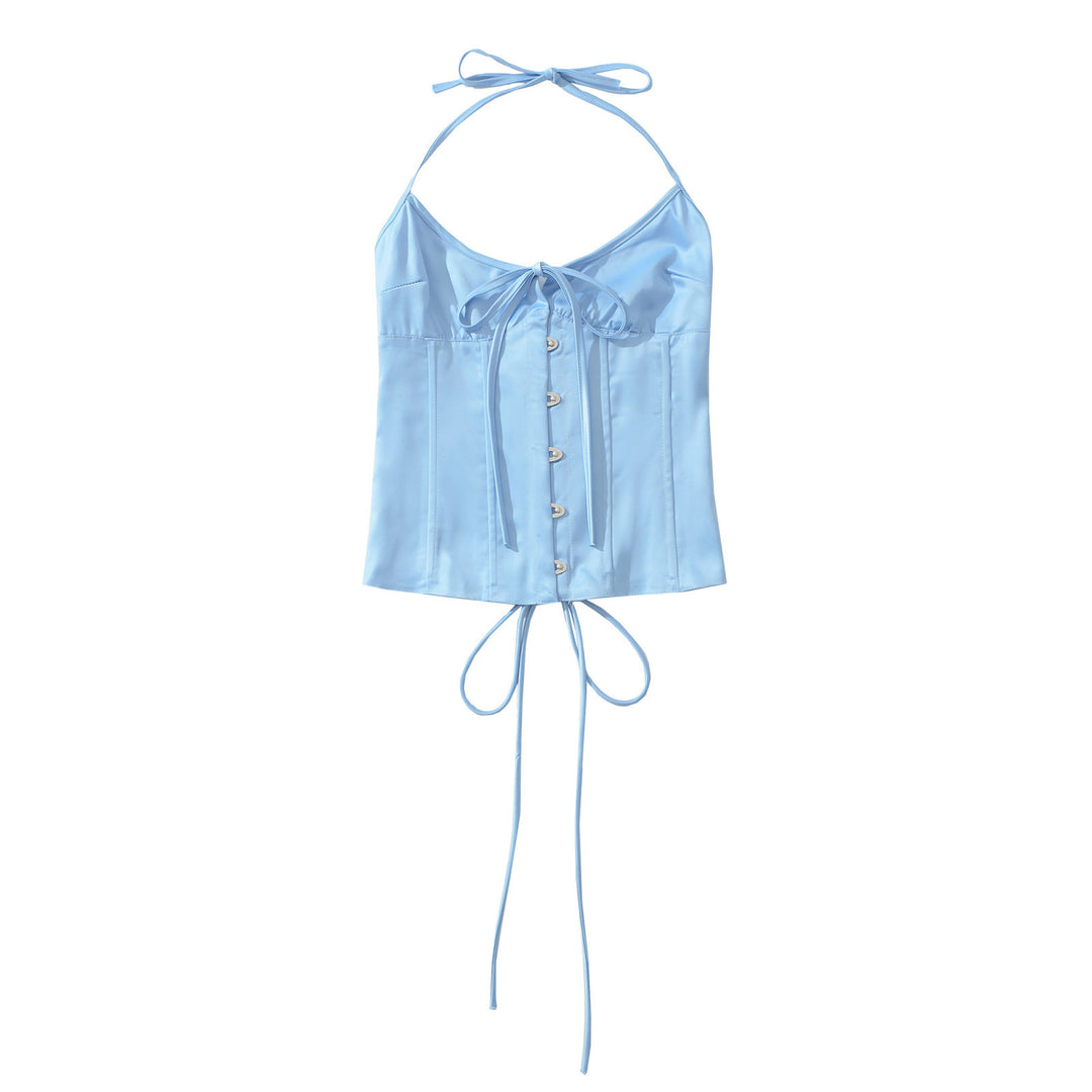 Damen Satin-Nachtkleid mit dekorativen Bindebändern und Knopfleiste Drune