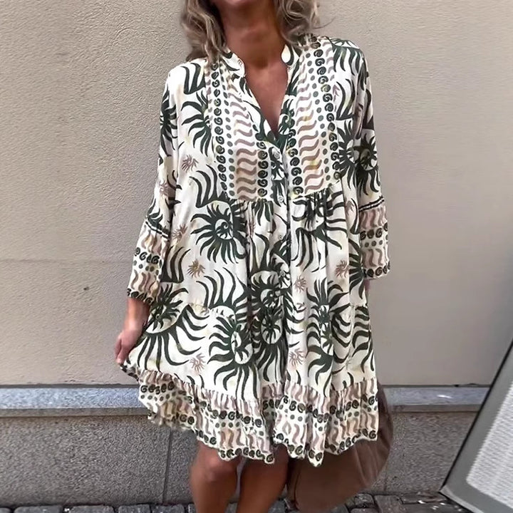 Damen nan locker geschnittenes Boho-Tunikakleid mit V-Ausschnitt geraffter Empire-Naht und Volant-Saum Drune