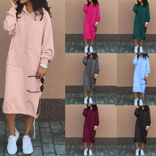 Damen Hoodie-Kleid mit seitlichen Eingrifftaschen und regulierbarem Saum Drune