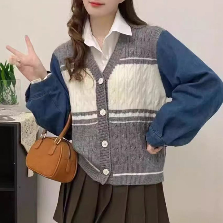 Damen Modische Strickjacke mit Denim-Ärmeln Drune