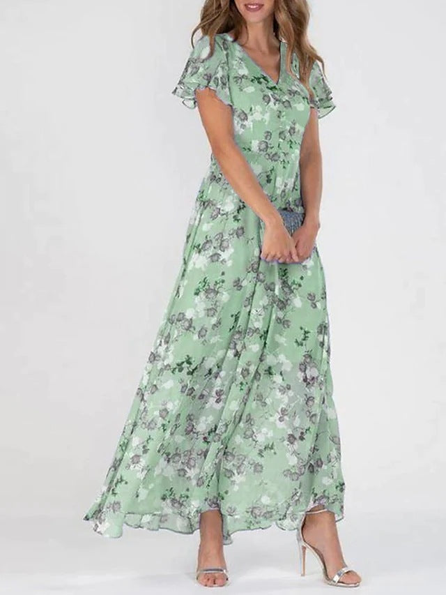 Damen Elegantes Maxikleid mit transparenten Ärmeln und floralem Muster Drune