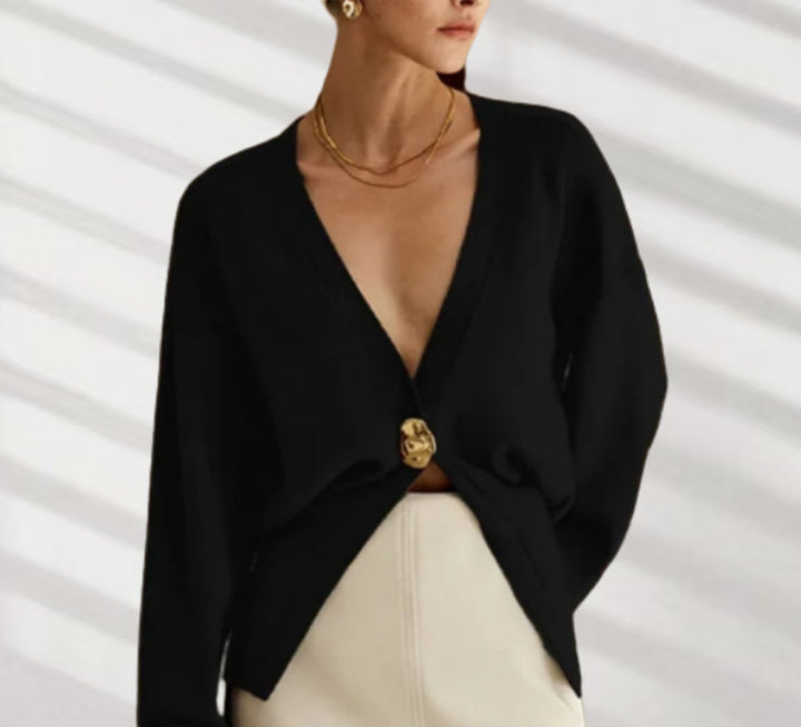Damen Elegante Strickjacke mit tiefem V-Ausschnitt und dekorativem Knopf Drune