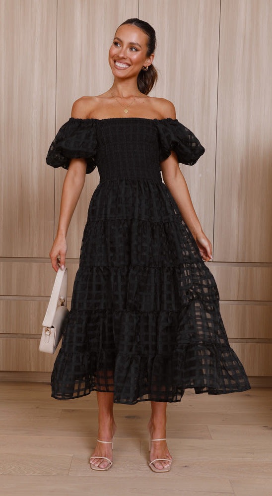 Drune | Damenkleid mit Einem Hals Lanternenärmel Lagennähte Kleid