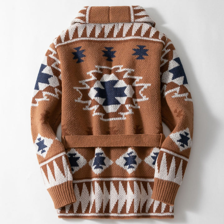 Damen Strickjacke mit geometrischem Muster und Gürtel Drune