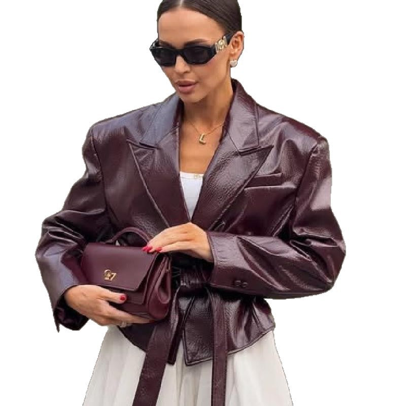 Damen Kunstlederblazer mit taillierbarem Gürtel Drune