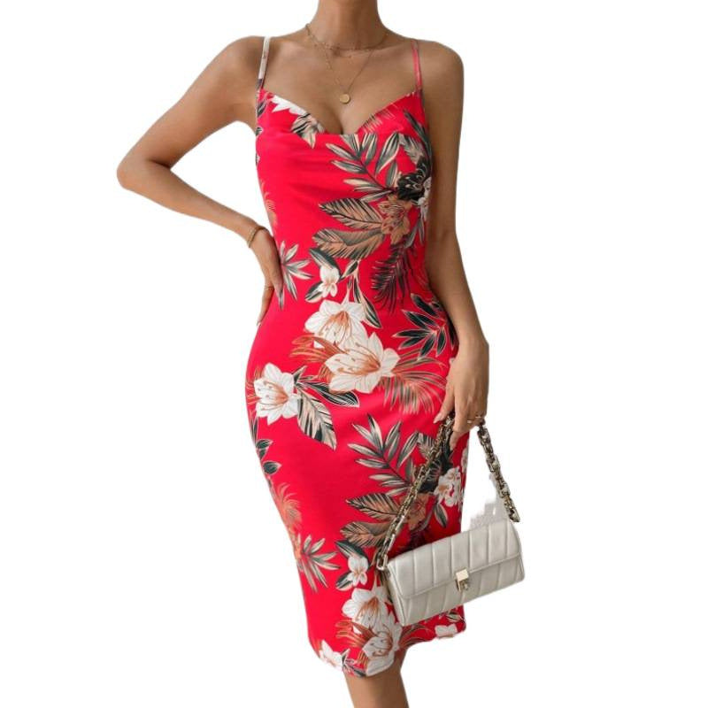 Damen Sommerliches Etuikleid mit floralem Design und Spaghetti-Trägern Drune