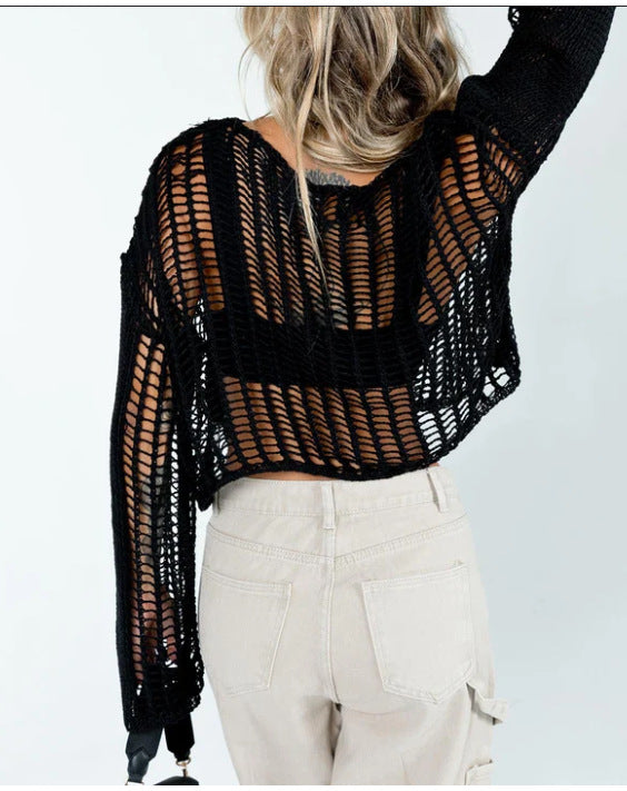 Damen luftiges Cropped Strickoberteil mit weit geschnittenen Ärmeln Drune