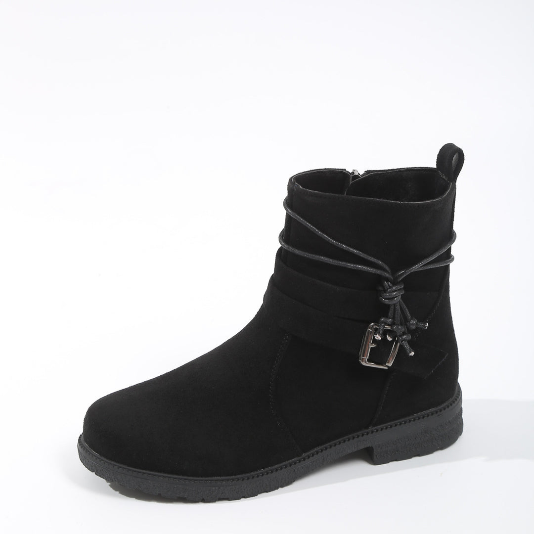 Damen nan gefütterte Ankle-Boots mit Wickelriemen, dekorativer Metallschnalle und rutschfester Profilsohle Drune