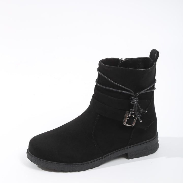 Damen nan gefütterte Ankle-Boots mit Wickelriemen, dekorativer Metallschnalle und rutschfester Profilsohle Drune