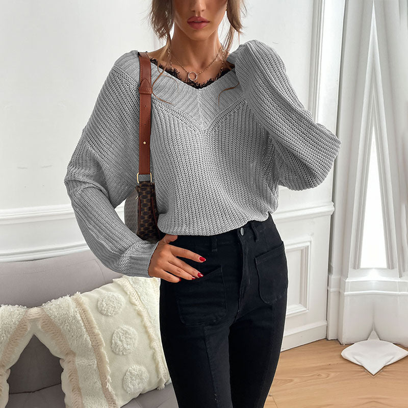 Damen lässiger Strickpullover mit modernem V-Ausschnitt und lockerer Passform Drune
