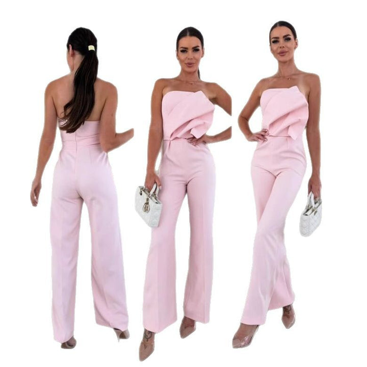 Damen eleganter Jumpsuit mit asymmetrischem Oberteil und weitem Bein Drune