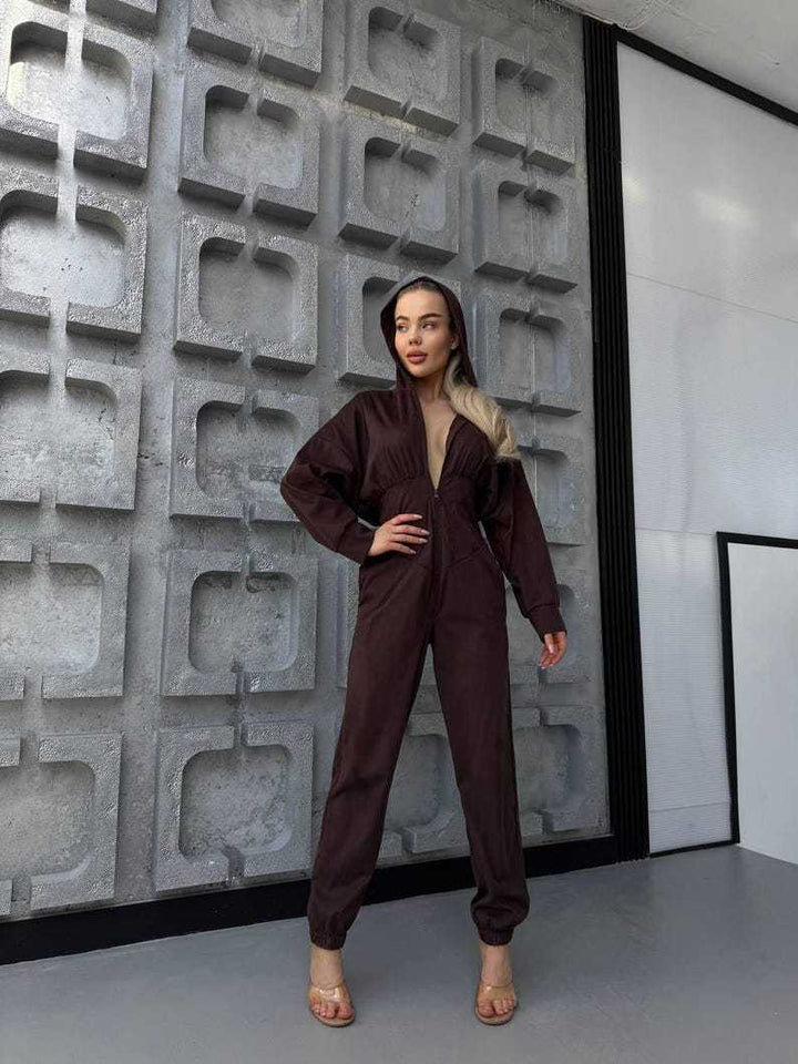 Damen Jumpsuit mit tiefem Ausschnitt und Kapuze Drune
