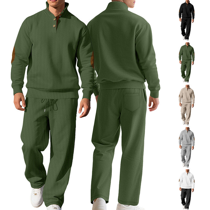Herren nan feiner Rippstrickpullover mit halber Knopfleiste hohem Stehkragen und kontrastierendem Suedine-Ellbogenbesatz Drune