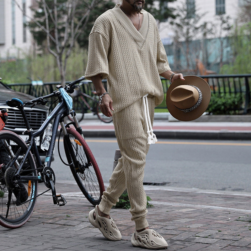 Herren nan lässiges Strickset mit V-Ausschnitt und Kordelzug-Joggerhose Drune