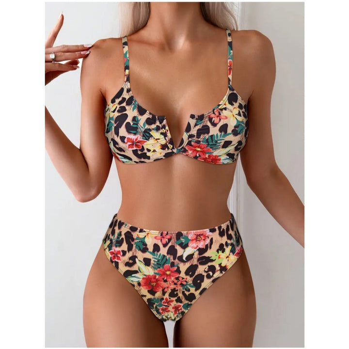 Damen Hochsitzt Bikini mit floralem Muster und leichtem Push-Up Effekt Drune