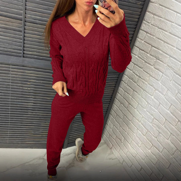 Damen Strickpullover und Jogginghose Set mit Zopfmuster Drune