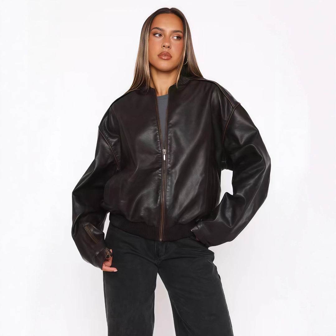 Damen modische cropped Lederjacke mit lässigem Schnitt Drune