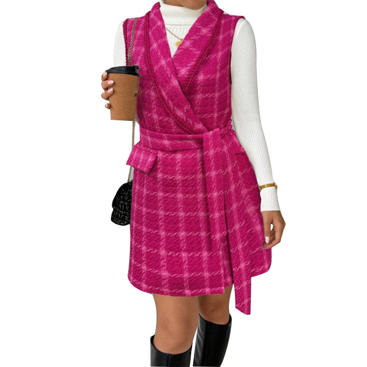 Damen Wickelkleid mit Karomuster und Taillengürtel Drune