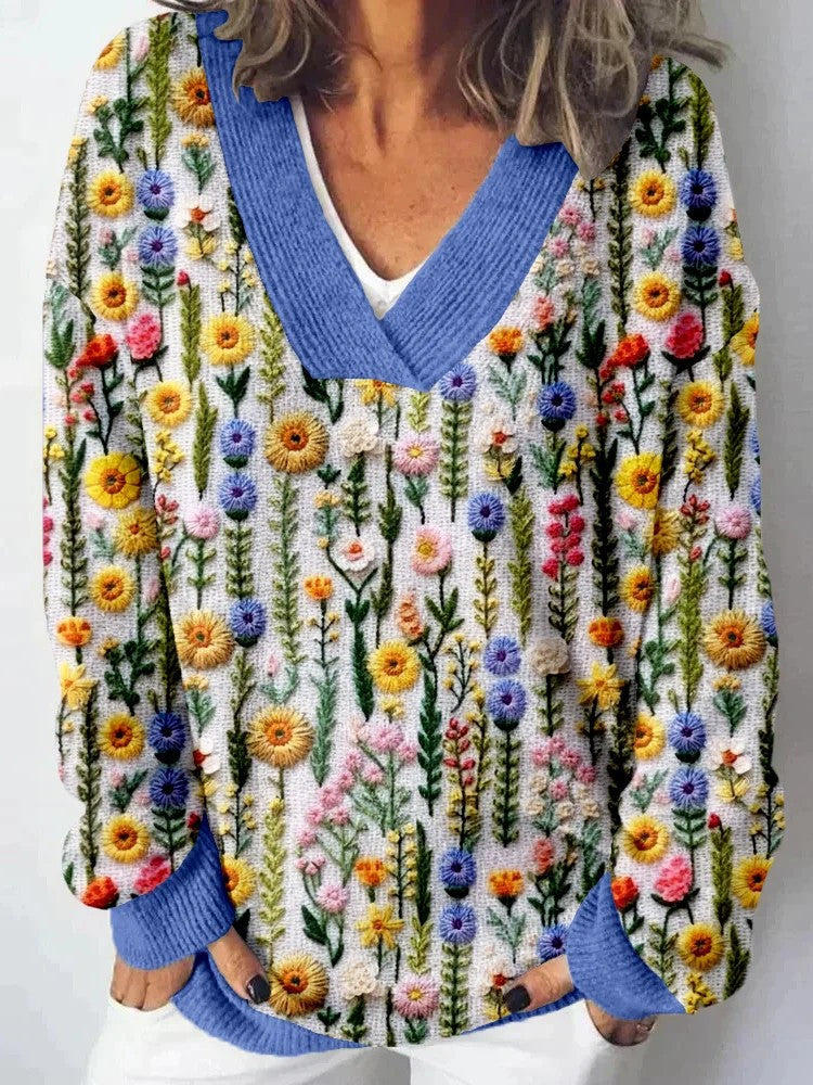 Damen V-Ausschnitt Pullover mit floralem Muster und lässigem Schnitt Drune