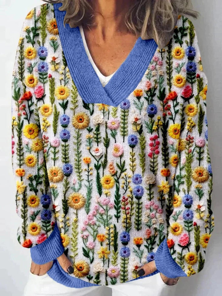 Damen V-Ausschnitt Pullover mit floralem Muster und lässigem Schnitt Drune