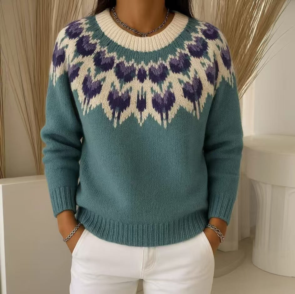 Damen nan gemusterter Norwegerstrickpullover mit weitem Rundhalsausschnitt und lässigem Oversize-Schnitt Drune