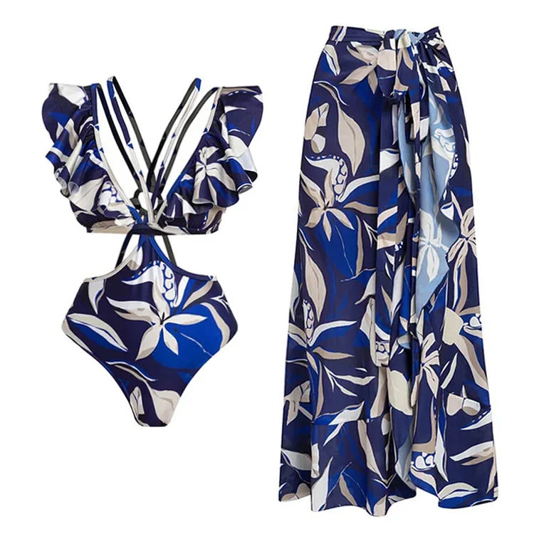 Damen Bikiniset mit elegantem Oberteil und fließendem Maxiröckchen Drune