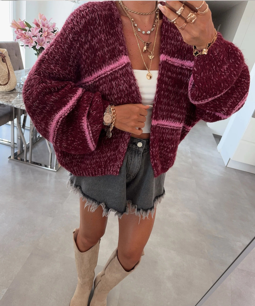 Damen lässige Strickjacke mit oversized Schnitt und modernen Details Drune