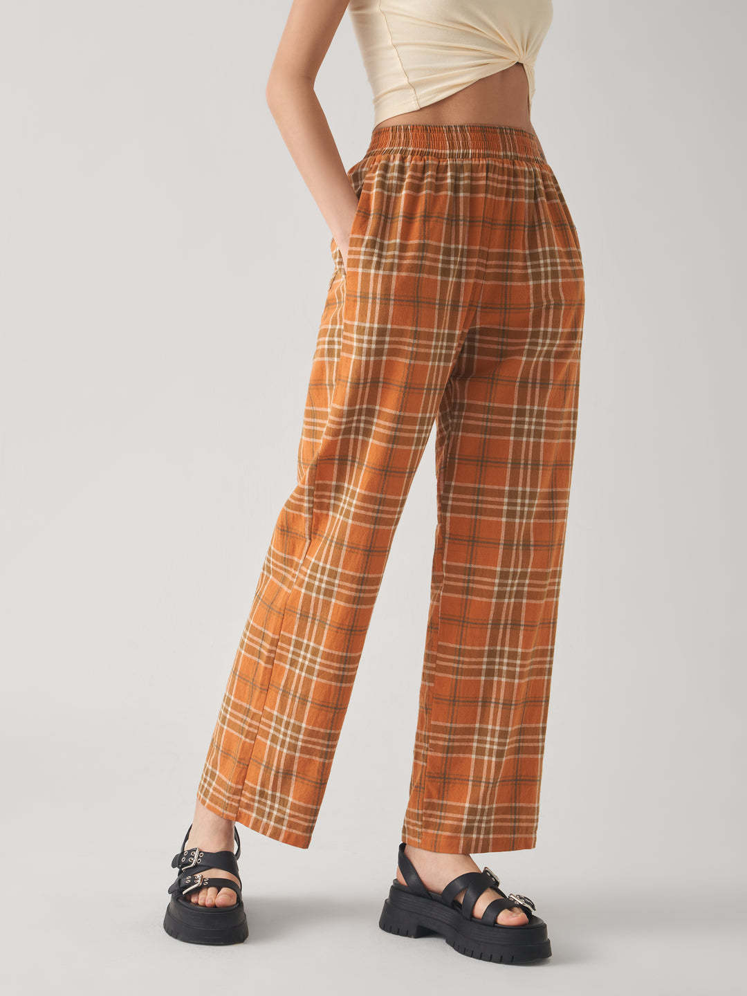 Damen lässige Karottenhose mit elastischem Bund und Karo-Muster Drune