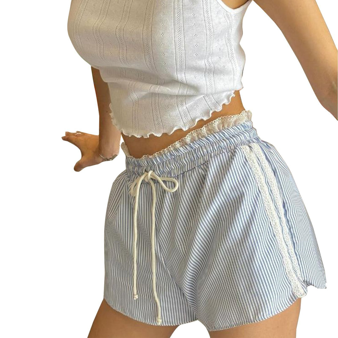 Damen lässige gestreifte Shorts mit elastischem Bund und Kordelzug Drune