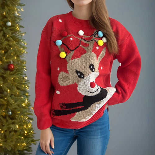 Damen weihnachtlicher Pullover mit einzigartigem Rentiermotiv und bunten Applikationen Drune