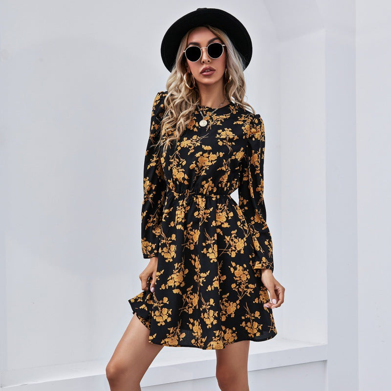 Damen Blümchen-Midikleid mit modischen Puffärmeln und tailliertem Bund Drune