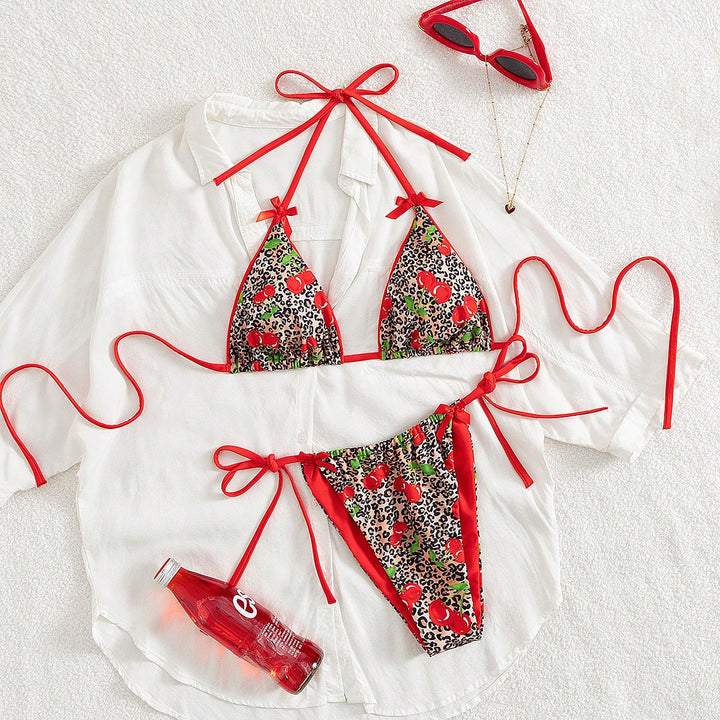 Damen Triangel-Bikini mit floralem Kirschmuster und verspielten Details Drune