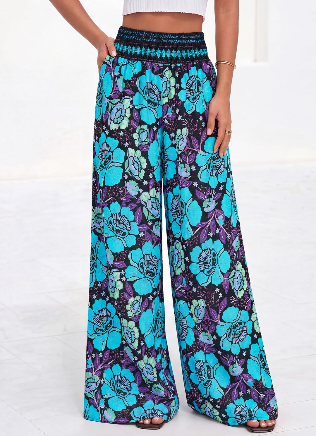 Damen luftige Palazzo-Hose mit floralen Mustern und elastischem Bund Drune