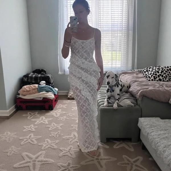 Damen Elegantes Spitzen-Maxikleid mit asymmetrischen Drapierungen Drune