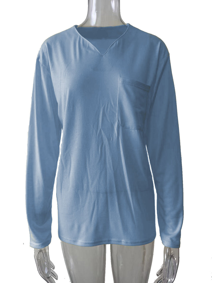 Damen nan legeres Langarmshirt mit V-Notch-Ausschnitt, Brusttasche und lockerer Oversize-Passform Drune