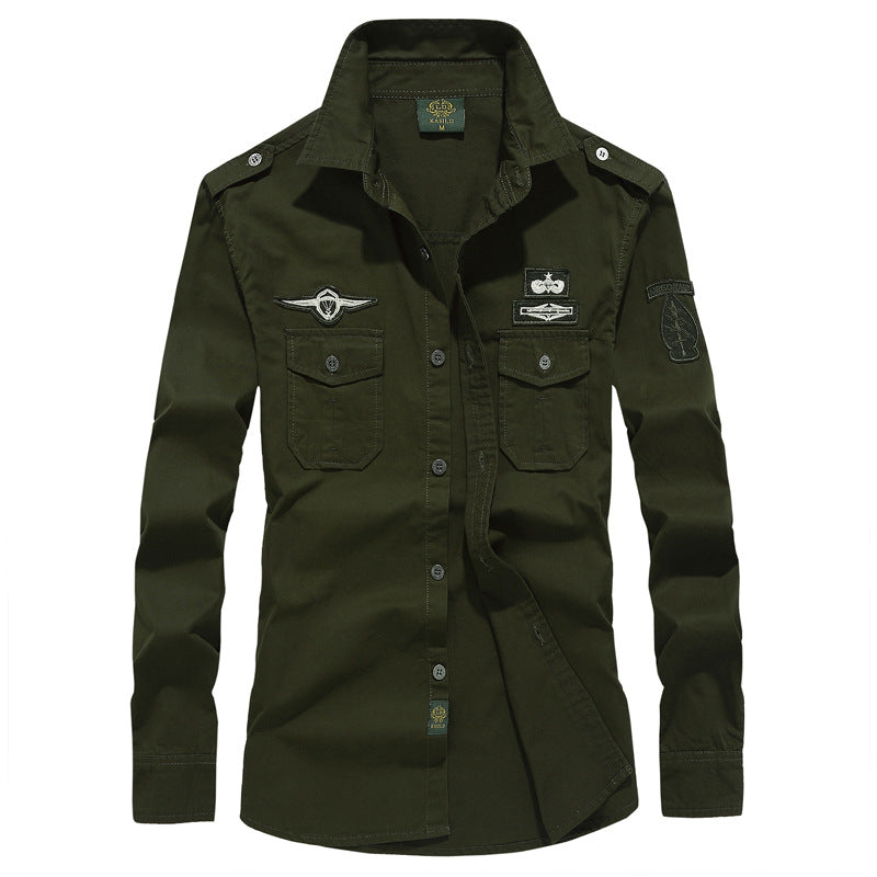 Herren nan militärisch inspiriertes Utility-Hemd aus Baumwollmix mit Epauletten, Brusttaschen und Emblem-Patches Drune