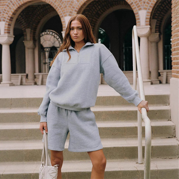 Damen lässiges Sweatshirt und Shorts mit kurzem Reißverschluss Drune