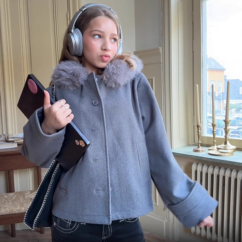 Damen modische Übergangsjacke mit luxuriösem Kunstpelzkragen Drune