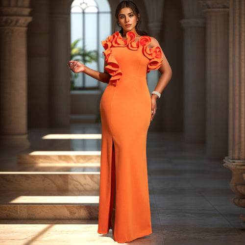 Damen Elegantes Maxikleid mit asymmetrischem Rüschenakzent und sexy Schlitz Drune