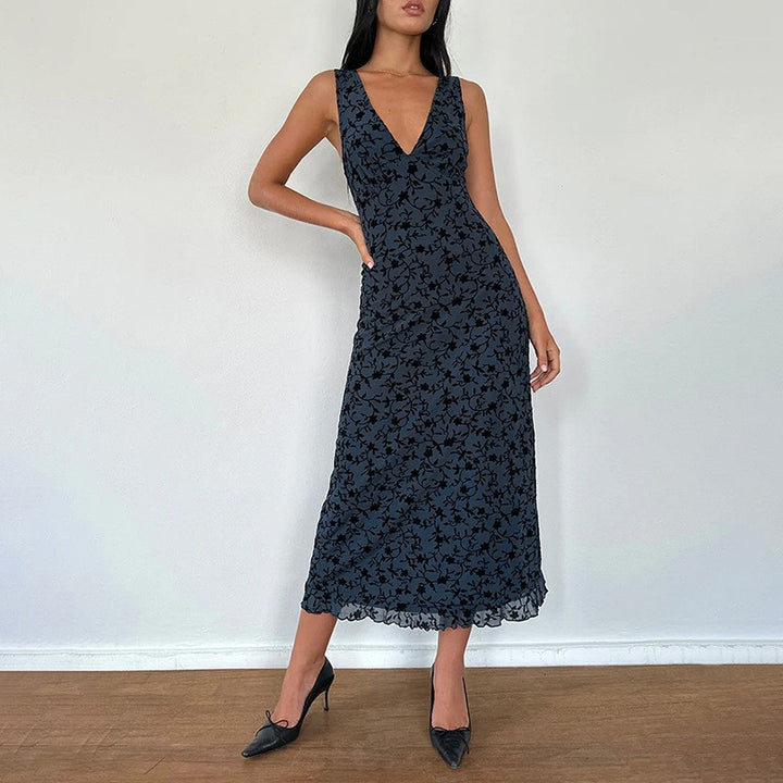 Damen Maxikleid mit tiefem V-Ausschnitt und floralem Spitzenmuster Drune