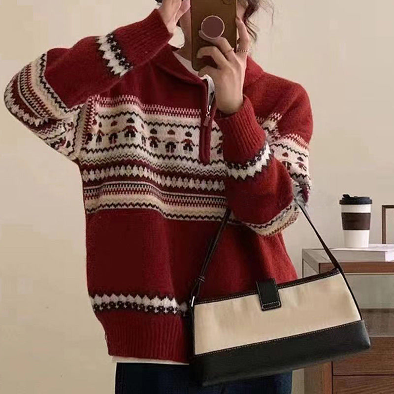 Damen Grobstrickpullover mit Kängurutasche und Stehkragen Drune