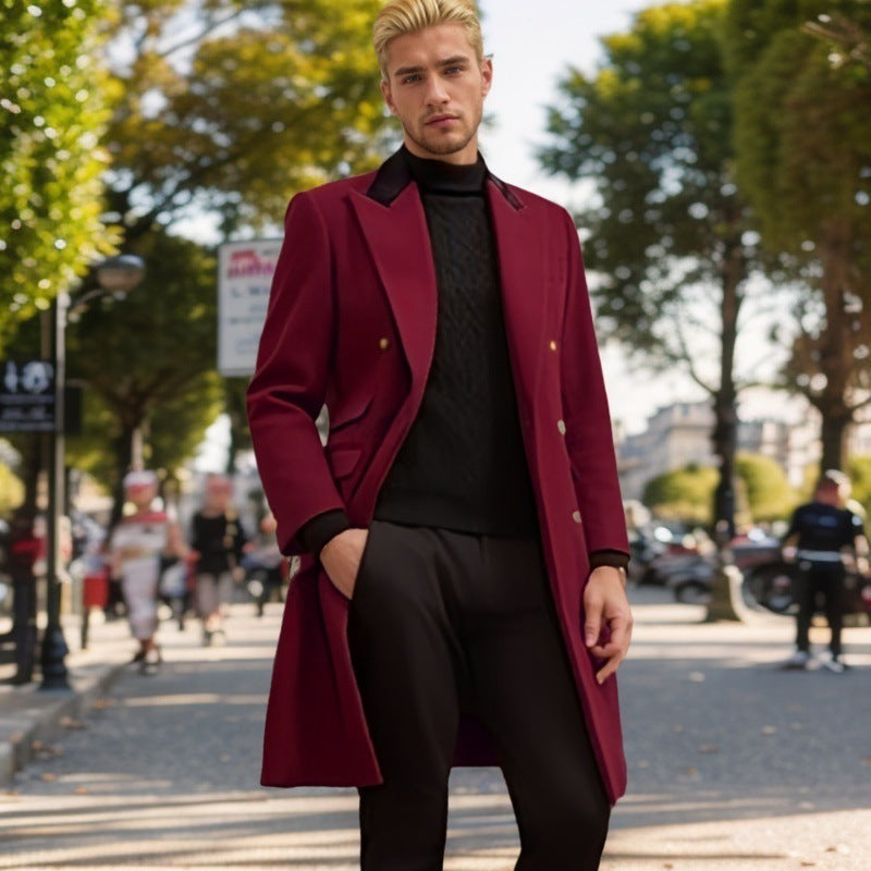 Herren moderner Urban-Mantel mit doppelter Knopfleiste und Samtkragen Drune