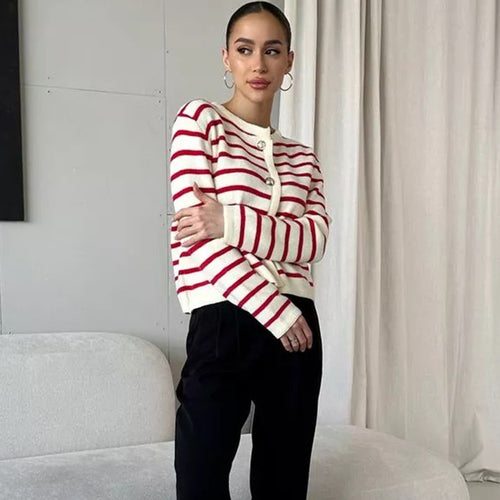 Damen modischer gestreifter Cardigan mit Knopfdetails und weichem Material Drune