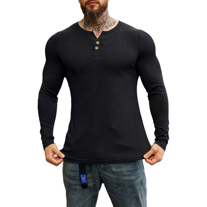 Herren nan geripptes Langarm-Henleyshirt mit flacher Knopfleiste und körperbetonter Stretch-Passform Drune