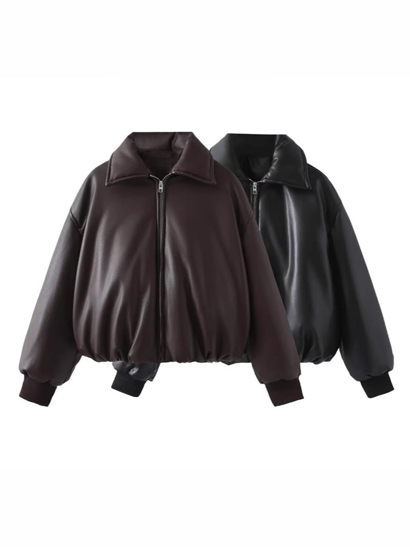 Damen lässige Kunstlederjacke mit voluminösem Schnitt und praktischen Taschen Drune