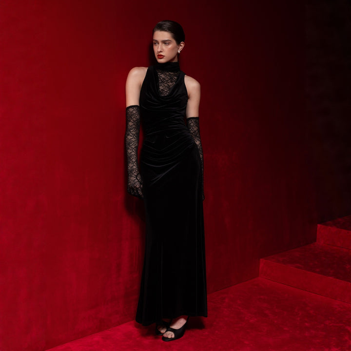 Damen Elegantes Abendkleid mit raffiniertem Spitzen- und Drapierungsdetail Drune